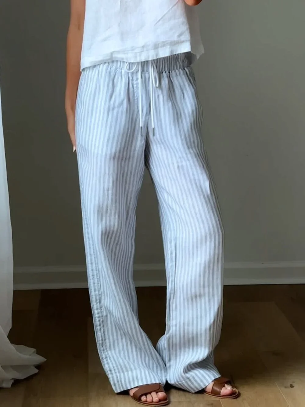 Quince 100% Linen Wide Leg Pants Sky Blue Mariner Stripe Size Large